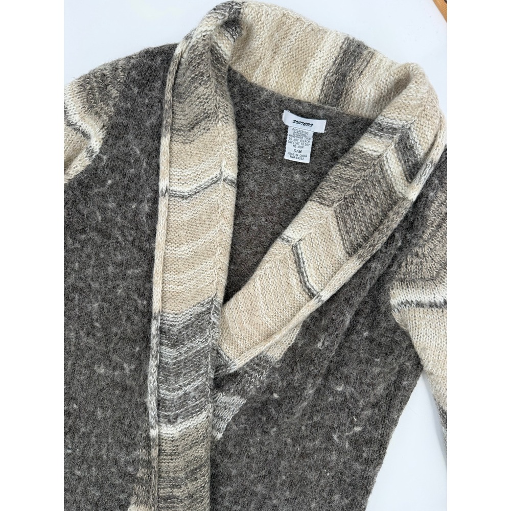 Sisters Womens Wool Blend Open Front Cardigan Grey Taupe Chevron Knit SM